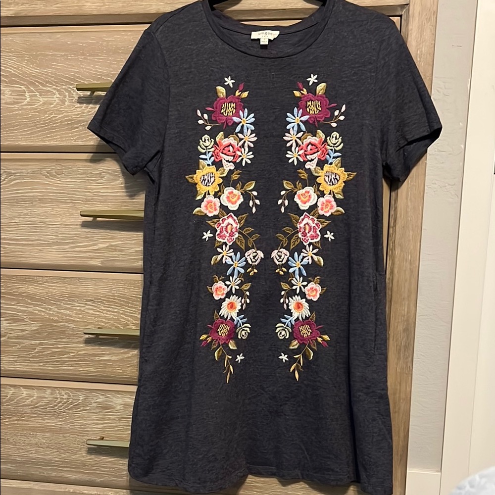 Umgee Charcoal Dress with Floral Accents Size S